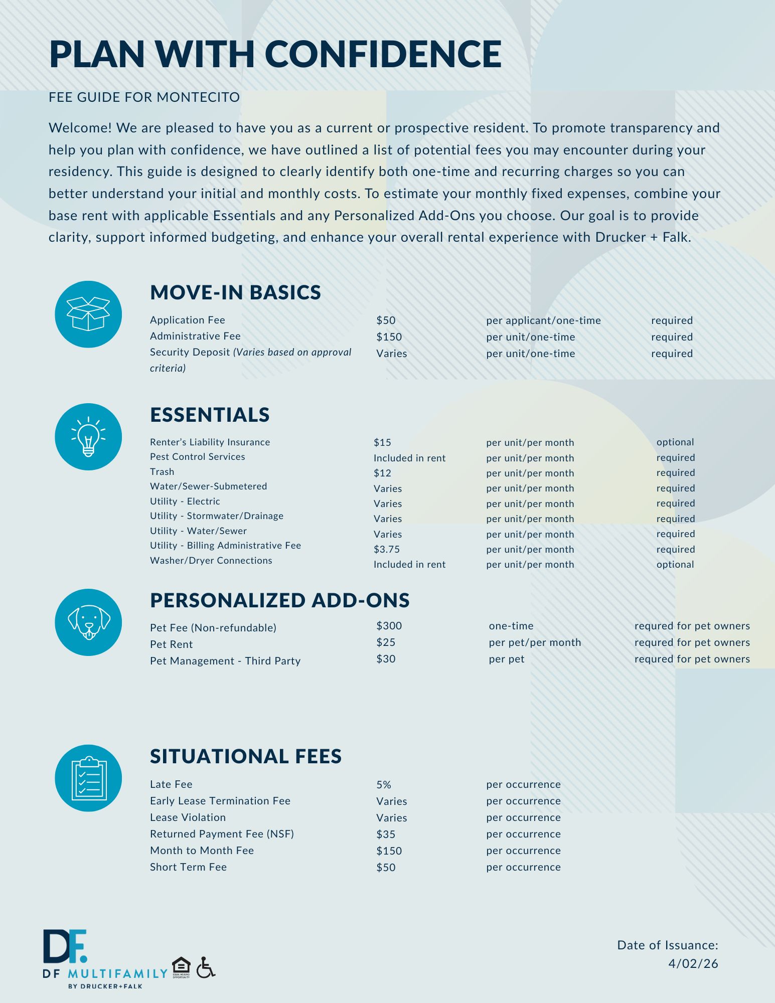 Fee Guide for Montecito - Please call our leasing office for more details